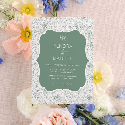 Elegante Bloemen Franse Toile Sage Green Wedding Kaart