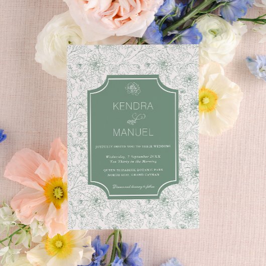 Elegante Bloemen Franse Toile Sage Green Wedding Kaart