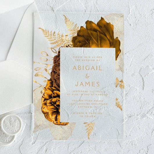 Elegante Bloemen Gebrande Sinaasappel Gouden Huwel Acryl Uitnodigingen