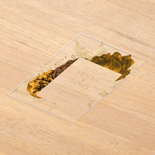 Elegante Bloemen Gebrande Sinaasappel Gouden Huwel Acryl Uitnodigingen (Laagn)