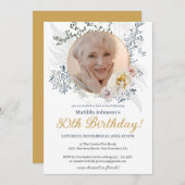 Elegante Bloemen Geel Aangepaste Foto 80ste Verjaa Kaart (Voorkant / Achterkant)