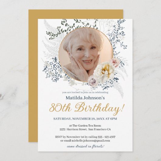 Elegante Bloemen Geel Aangepaste Foto 80ste Verjaa Kaart (Voorkant / Achterkant)