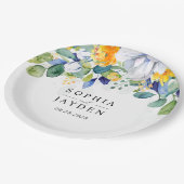 Elegante bloemen geel wit blauw bruiloft monogram papieren bordje (Gekanteld)