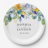 Elegante bloemen geel wit blauw bruiloft monogram papieren bordje (Voorkant)