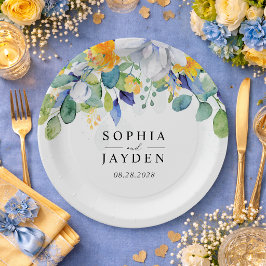 Elegante bloemen geel wit blauw bruiloft monogram papieren bordje