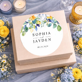 Elegante bloemen geel wit blauw bruiloft monogram ronde sticker