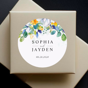 Elegante bloemen geel wit blauw bruiloft monogram ronde sticker