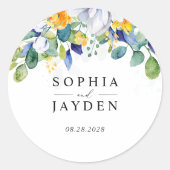 Elegante bloemen geel wit blauw bruiloft monogram ronde sticker (Voorkant)
