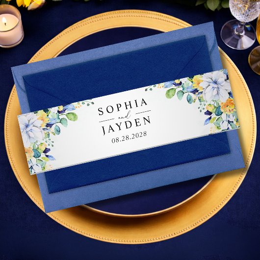 Elegante bloemen geel wit blauw bruiloft monogram uitnodigingen wikkel