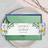 Elegante bloemen geel wit blauw bruiloft monogram uitnodigingen wikkel