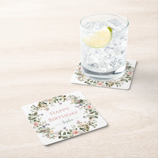 Elegante Bloemen Gelukkige Verjaardag – Gepersonal Kartonnen Onderzetters (Insitu)