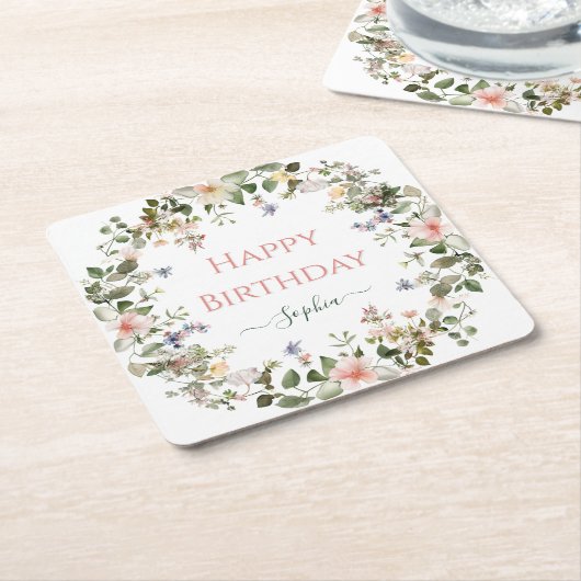 Elegante Bloemen Gelukkige Verjaardag – Gepersonal Kartonnen Onderzetters (Schuin)