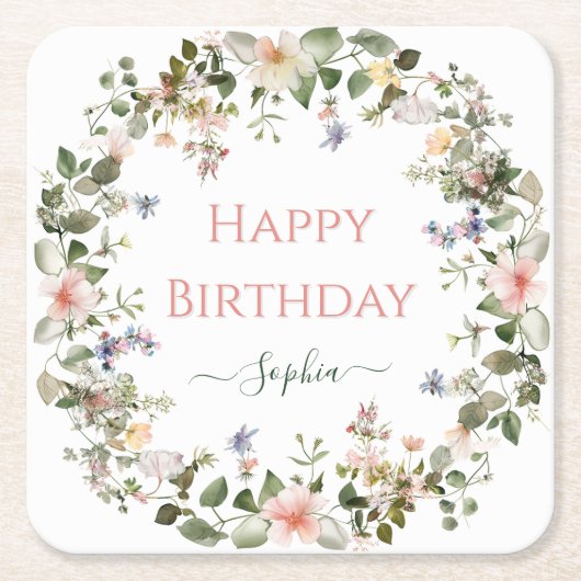 Elegante Bloemen Gelukkige Verjaardag – Gepersonal Kartonnen Onderzetters (Voorkant)