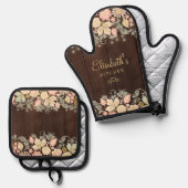 Elegante bloemen gepersonaliseerd ovenwant & pannenlap set (Voorkant / Achterkant)