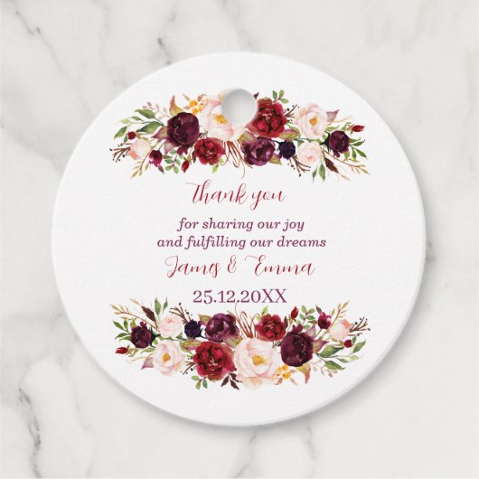 Elegante bloemen gepersonaliseerde bruiloft bedankjes labels (Voorkant)
