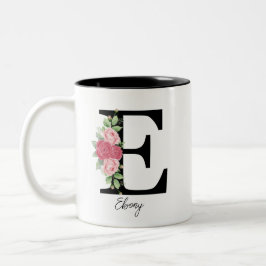 Elegante Bloemen Gepersonaliseerde Monogram Koffie Tweekleurige Koffiemok