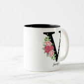 Elegante Bloemen Gepersonaliseerde Monogram Koffie Tweekleurige Koffiemok (Voorkant rechts)