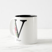 Elegante Bloemen Gepersonaliseerde Monogram Koffie Tweekleurige Koffiemok (Voorkant links)