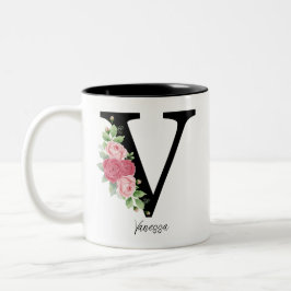 Elegante Bloemen Gepersonaliseerde Monogram Koffie Tweekleurige Koffiemok