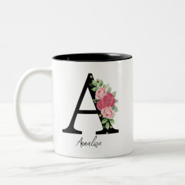 Elegante Bloemen Gepersonaliseerde Monogram Koffie Tweekleurige Koffiemok