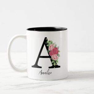 Elegante Bloemen Gepersonaliseerde Monogram Koffie Tweekleurige Koffiemok