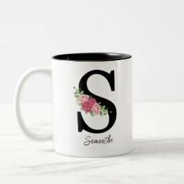 Elegante Bloemen Gepersonaliseerde Monogram Koffie Tweekleurige Koffiemok
