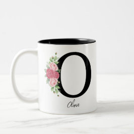 Elegante Bloemen Gepersonaliseerde Monogram Koffie Tweekleurige Koffiemok