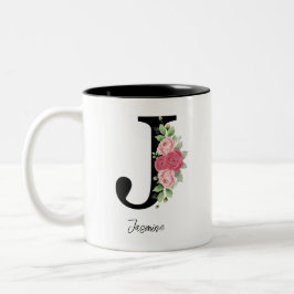 Elegante Bloemen Gepersonaliseerde Monogram Koffie Tweekleurige Koffiemok