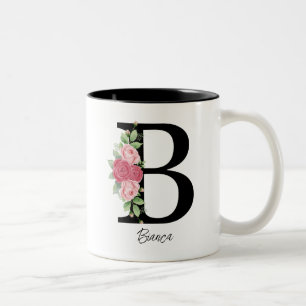 Elegante Bloemen Gepersonaliseerde Monogram Koffie Tweekleurige Koffiemok