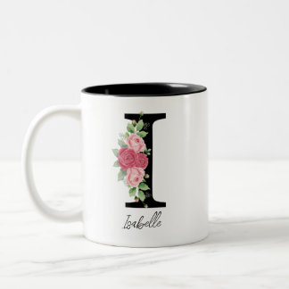 Elegante Bloemen Gepersonaliseerde Monogram Koffie Tweekleurige Koffiemok