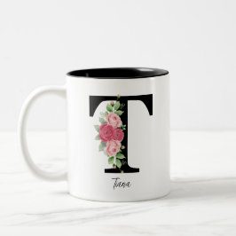 Elegante Bloemen Gepersonaliseerde Monogram Koffie Tweekleurige Koffiemok