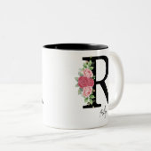 Elegante Bloemen Gepersonaliseerde Monogram Koffie Tweekleurige Koffiemok (Voorkant rechts)