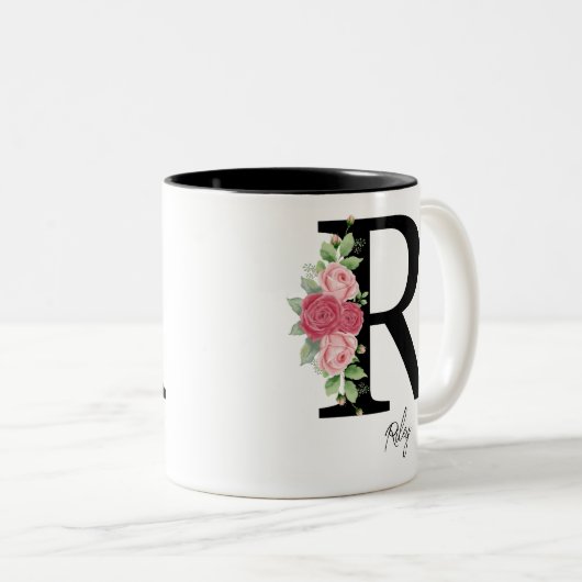 Elegante Bloemen Gepersonaliseerde Monogram Koffie Tweekleurige Koffiemok (Voorkant rechts)
