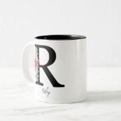 Elegante Bloemen Gepersonaliseerde Monogram Koffie Tweekleurige Koffiemok (Voorkant links)