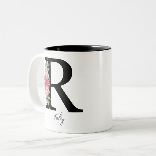 Elegante Bloemen Gepersonaliseerde Monogram Koffie Tweekleurige Koffiemok (Voorkant links)