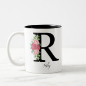 Elegante Bloemen Gepersonaliseerde Monogram Koffie Tweekleurige Koffiemok (Links)