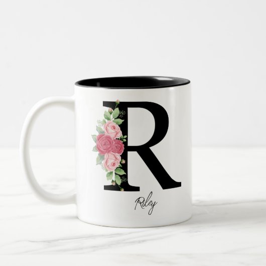 Elegante Bloemen Gepersonaliseerde Monogram Koffie Tweekleurige Koffiemok (Links)