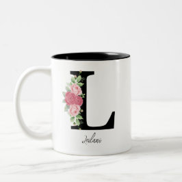 Elegante Bloemen Gepersonaliseerde Monogram Koffie Tweekleurige Koffiemok
