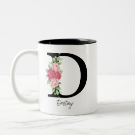 Elegante Bloemen Gepersonaliseerde Monogram Koffie Tweekleurige Koffiemok