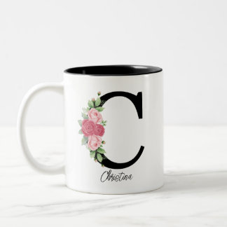 Elegante Bloemen Gepersonaliseerde Monogram Koffie Tweekleurige Koffiemok