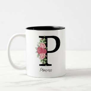 Elegante Bloemen Gepersonaliseerde Monogram Koffie Tweekleurige Koffiemok