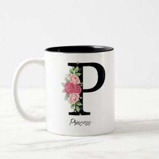Elegante Bloemen Gepersonaliseerde Monogram Koffie Tweekleurige Koffiemok
