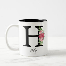 Elegante Bloemen Gepersonaliseerde Monogram Koffie Tweekleurige Koffiemok