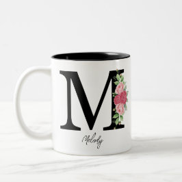 Elegante Bloemen Gepersonaliseerde Monogram Koffie Tweekleurige Koffiemok