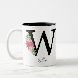 Elegante Bloemen Gepersonaliseerde Monogram Koffie Tweekleurige Koffiemok