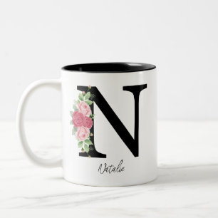 Elegante Bloemen Gepersonaliseerde Monogram Koffie Tweekleurige Koffiemok