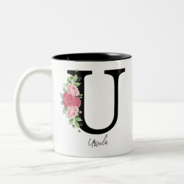 Elegante Bloemen Gepersonaliseerde Monogram Koffie Tweekleurige Koffiemok