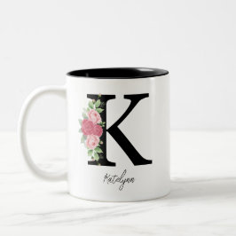 Elegante Bloemen Gepersonaliseerde Monogram Koffie Tweekleurige Koffiemok