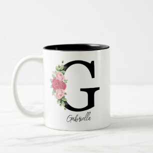 Elegante Bloemen Gepersonaliseerde Monogram Koffie Tweekleurige Koffiemok