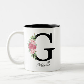 Elegante Bloemen Gepersonaliseerde Monogram Koffie Tweekleurige Koffiemok